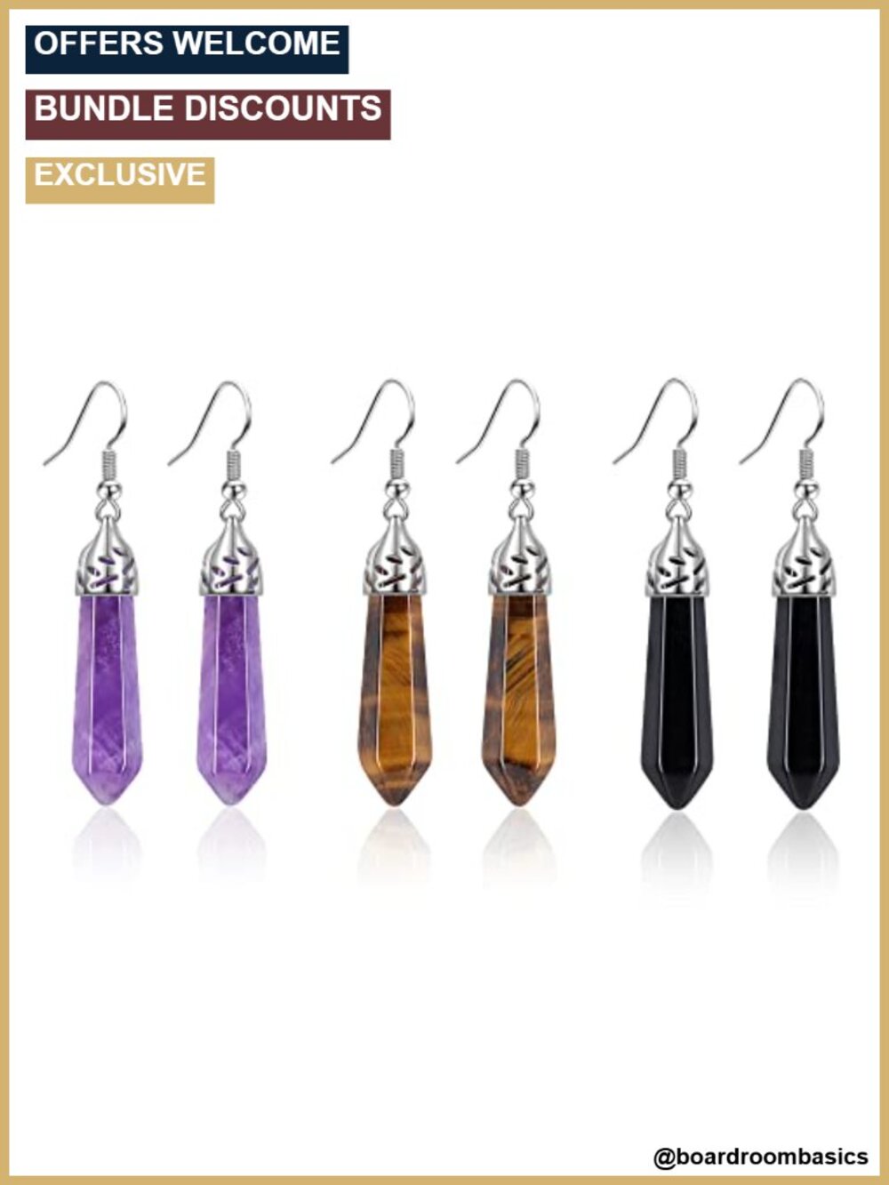 Natural Stone Crystal Dangle Earrings Set Stainless Steel 3 Pairs Healing